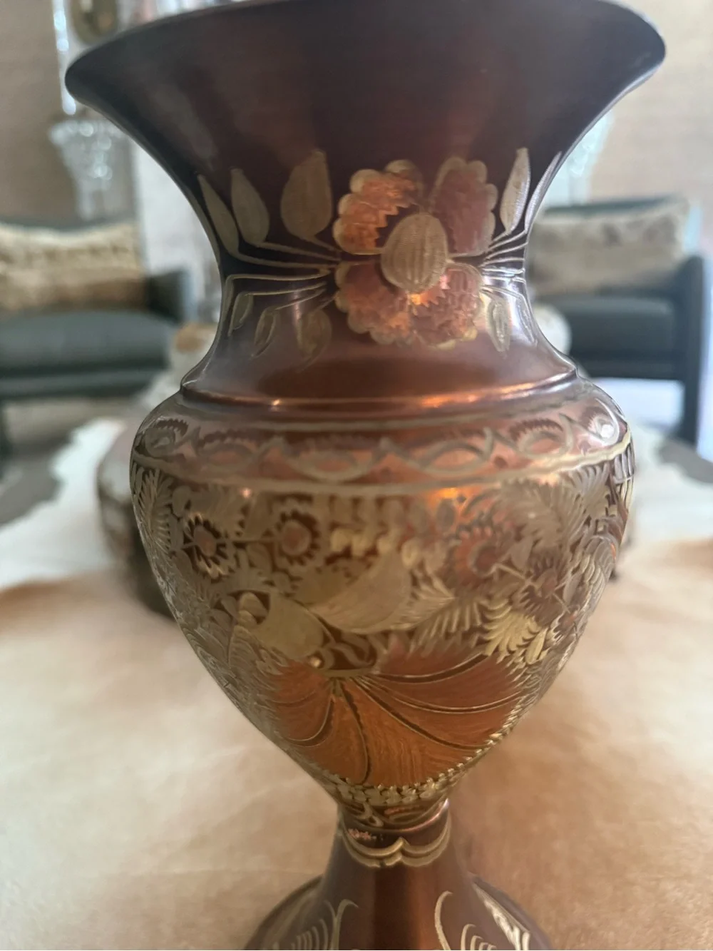 Ornate Copper-Tone Decorative Vase - Floral Etched Accent